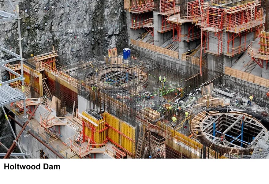 Concrete formwork and rebar under construction at Holtwood Dam
