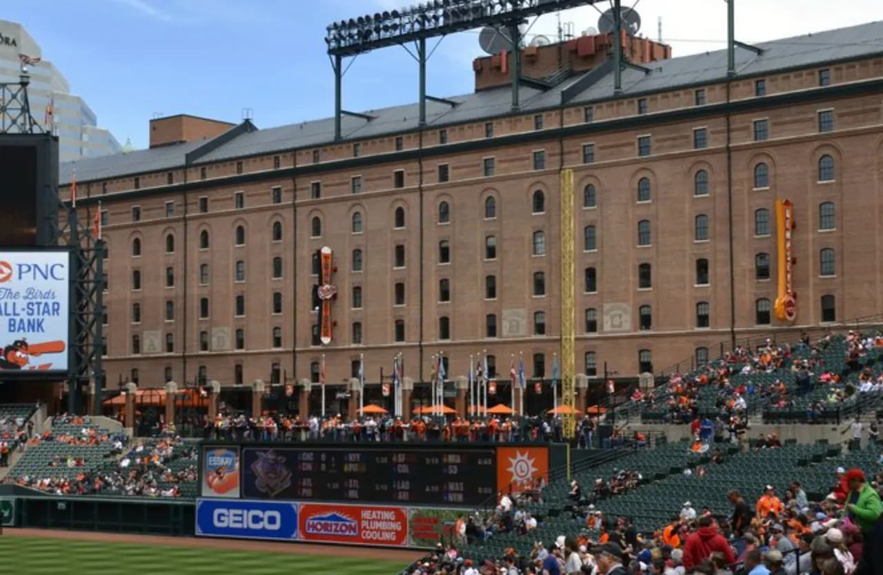 Restored Camden Yards warehouse facade overlooking the ballpark in Baltimore, Maryland